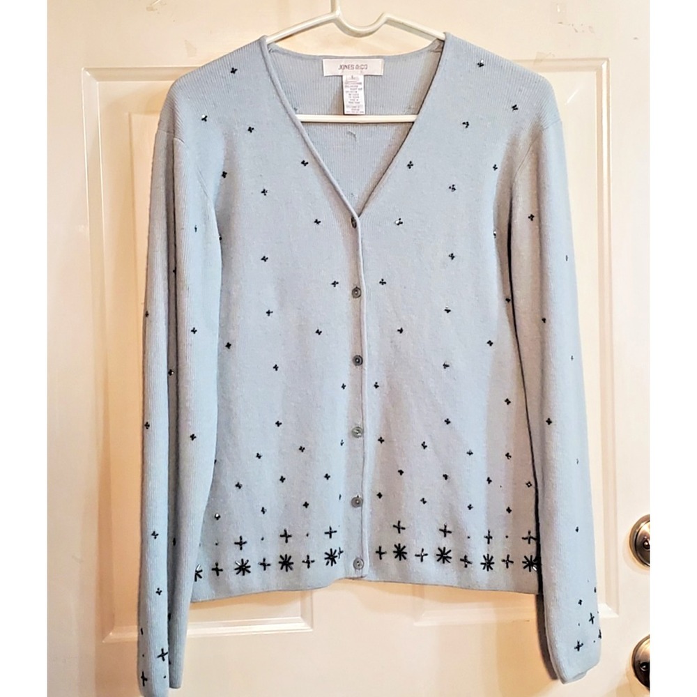 Vtg Jones & Co‎ Lambswool & Angora Beaded Snowflake Cardigan Sz L Sweater  Y2K